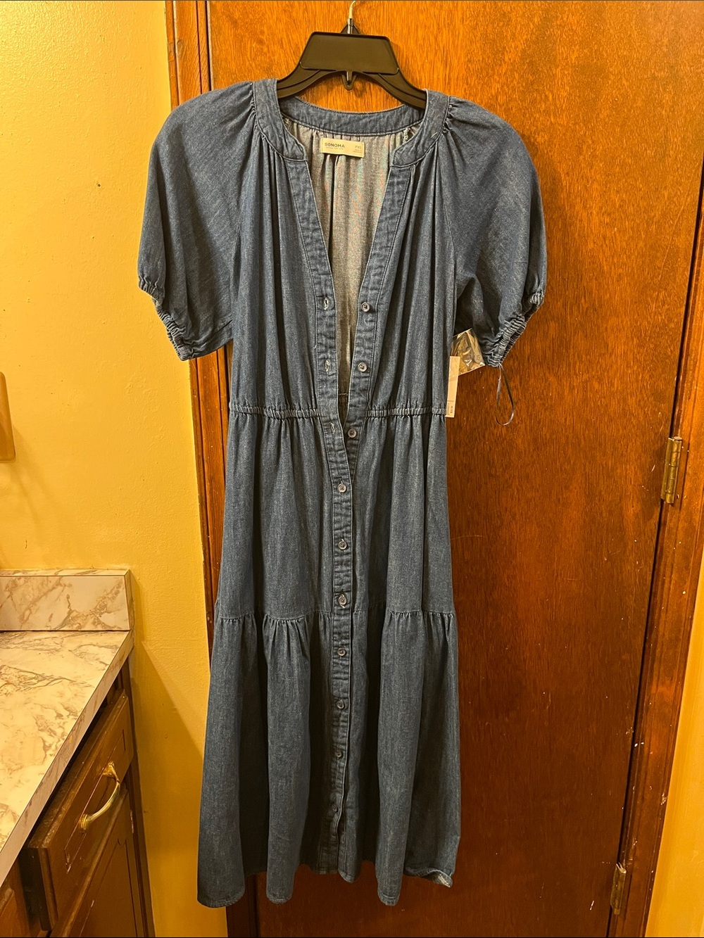 Casual Denim Button-Front Midi Dress - Blue